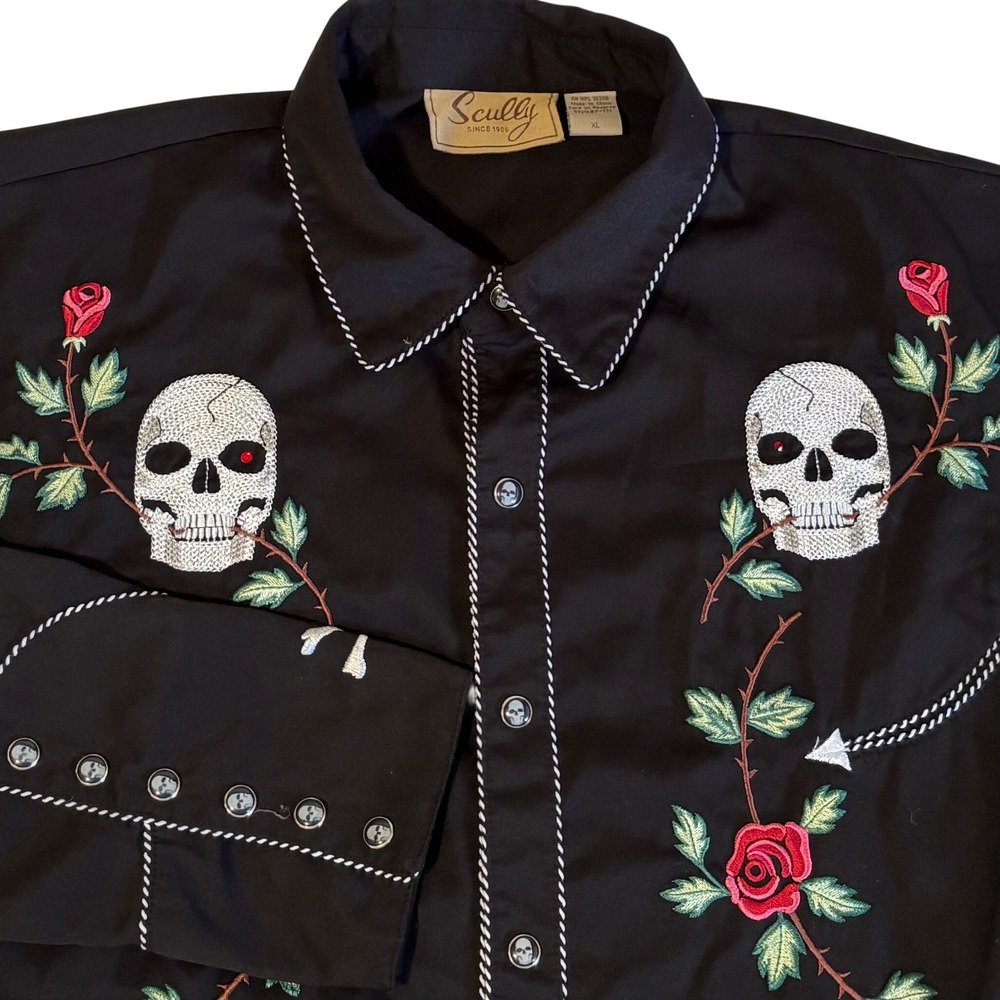 Scully Western Snap Shirt Mens XL Black Skull Rose Rhinestone P-771 Embroidered
